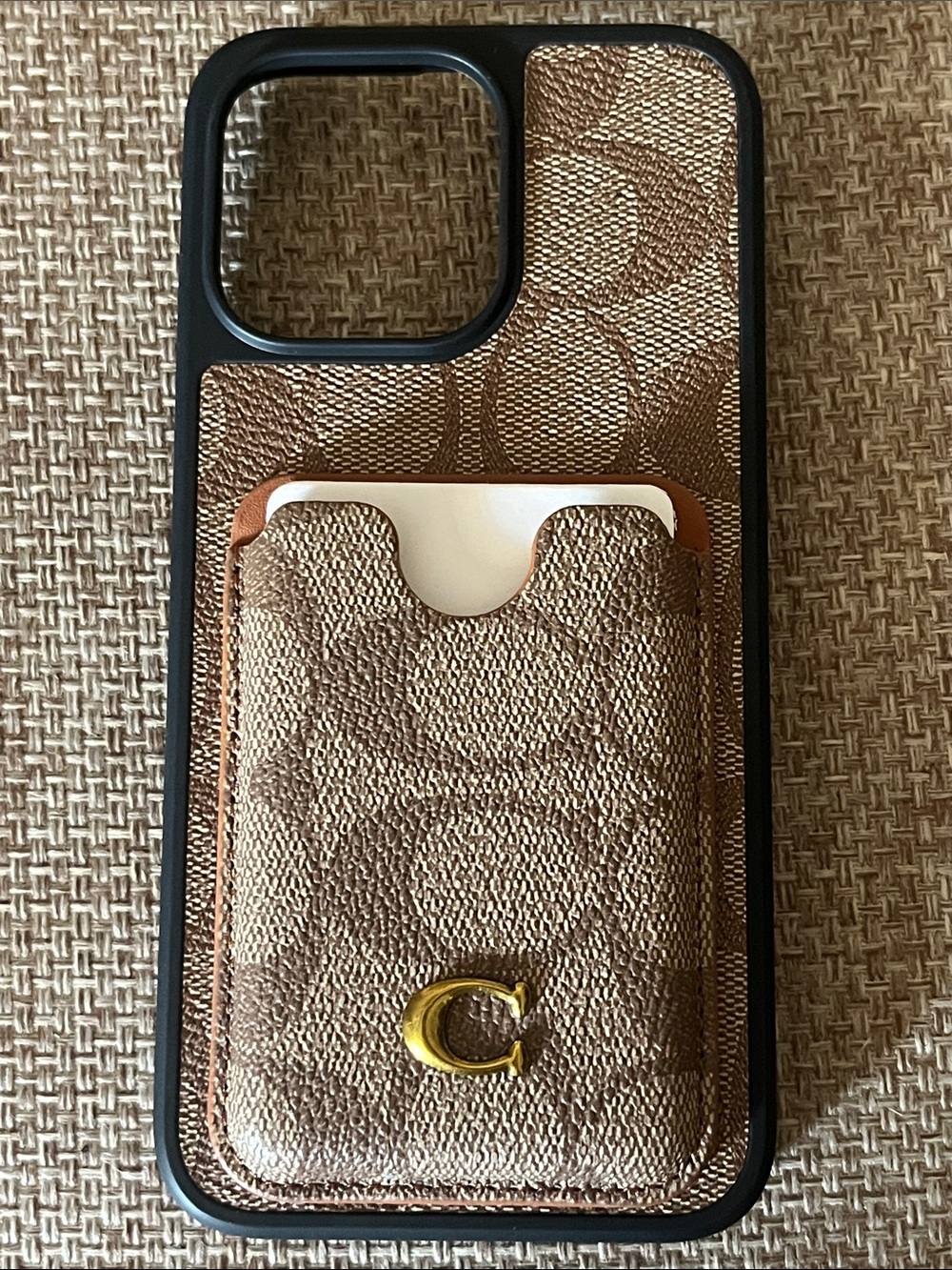 Coach Beige Brown Signature Card Pocket iPhone 15 Pro Max Case - Picture 4 of 4